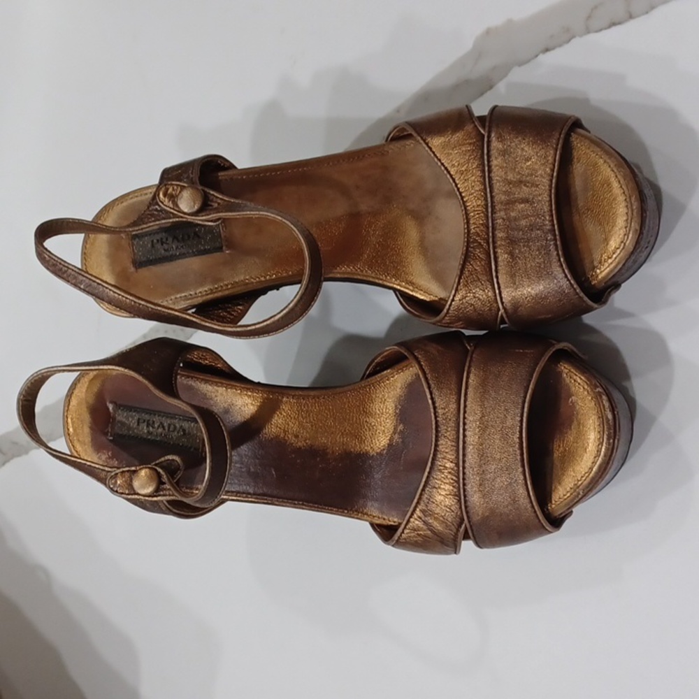Prada Gold/Bronze Metallic Wooden Wedge Heels EU 37 - Picture 3 of 13
